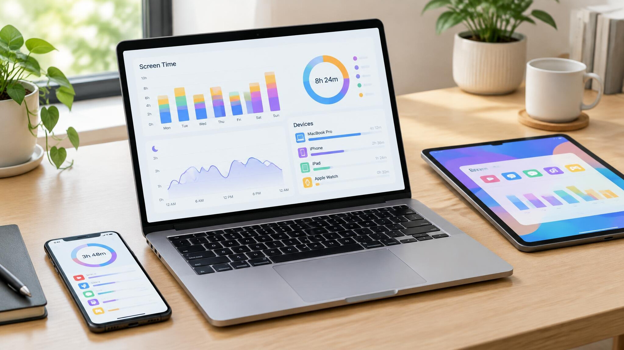 Laptop on a desk showing a parental control dashboard with charts