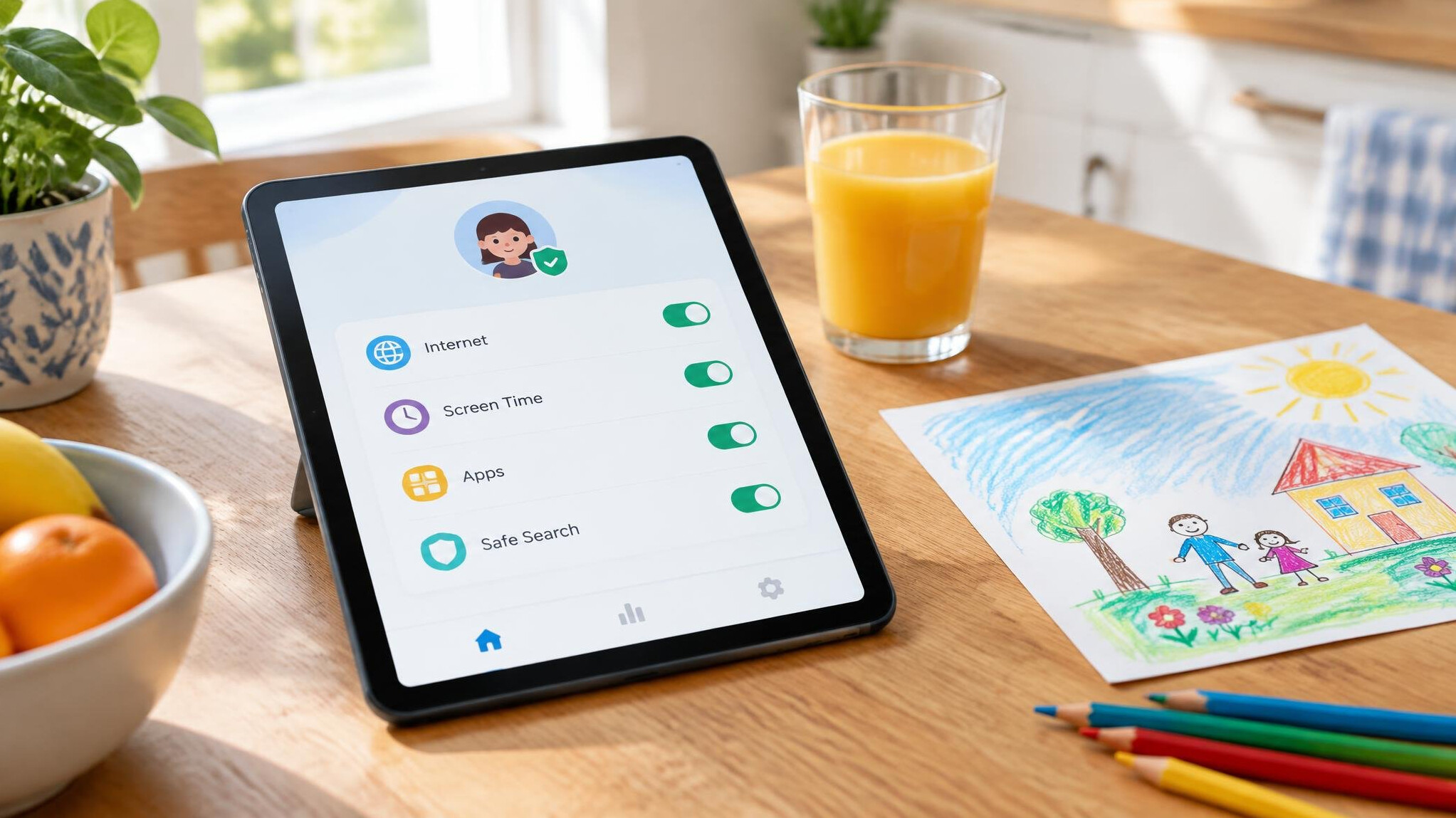 Family tablet on a kitchen table with a parental control app open