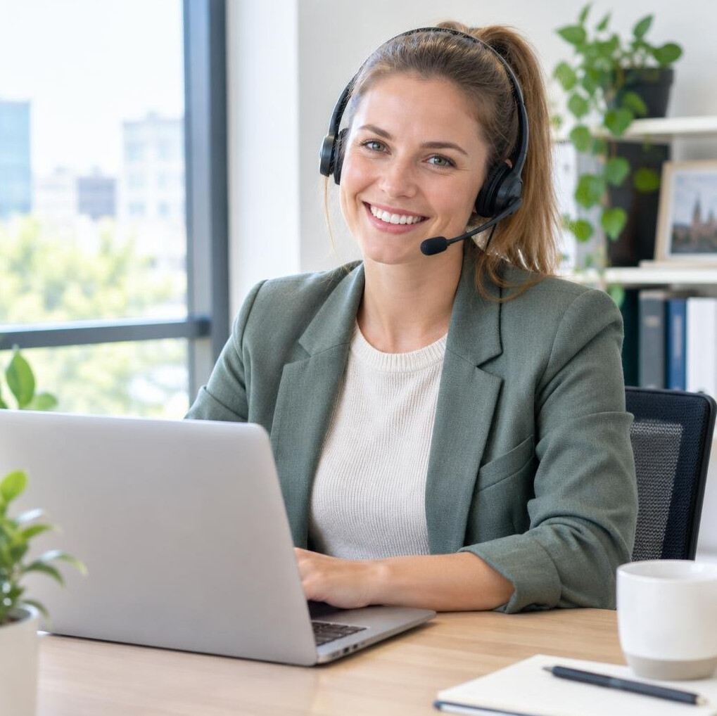 Smiling customer support woman wearing a headset at a desk