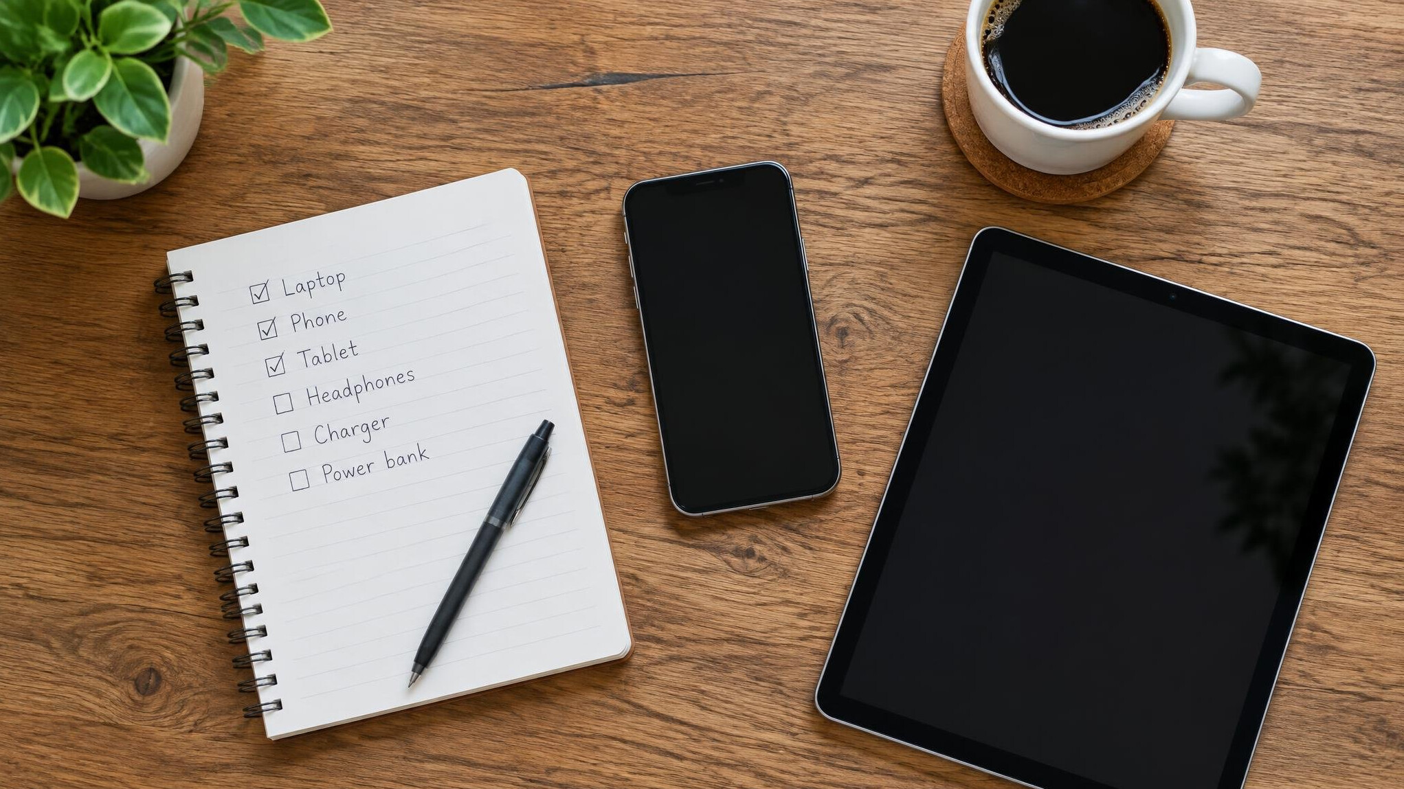 Notebook and tablet on a table with a checklist of devices