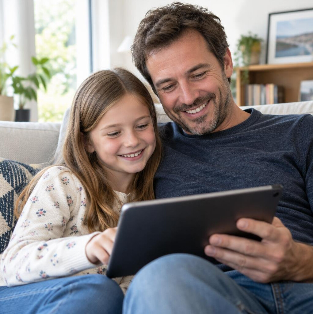 Smiling father and daughter looking at a tablet together on a sofa