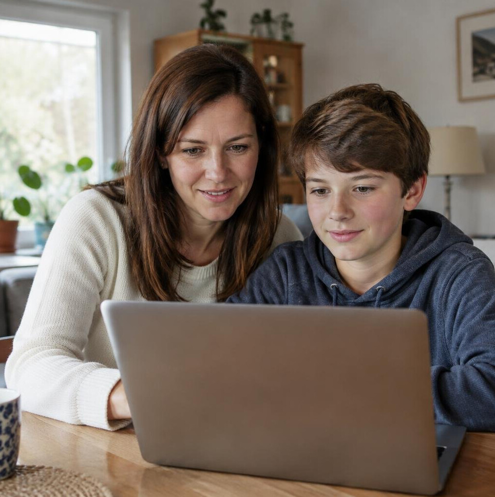 Mother helping her son with homework on a laptop at home